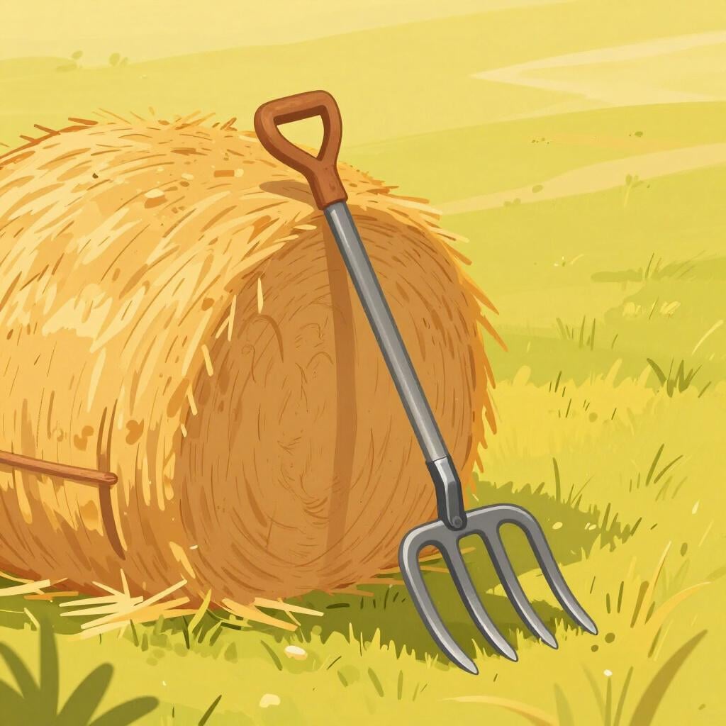 A wooden-handled pitchfork leaning against a large pile of golden hay.