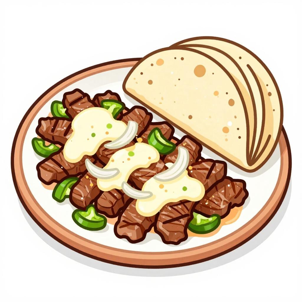 Ein dampfender Teller mit mexikanischem Alambre, der gegrilltes Fleisch, Paprika, Zwiebeln und geschmolzenen Käse mit Tortillas daneben zeigt.