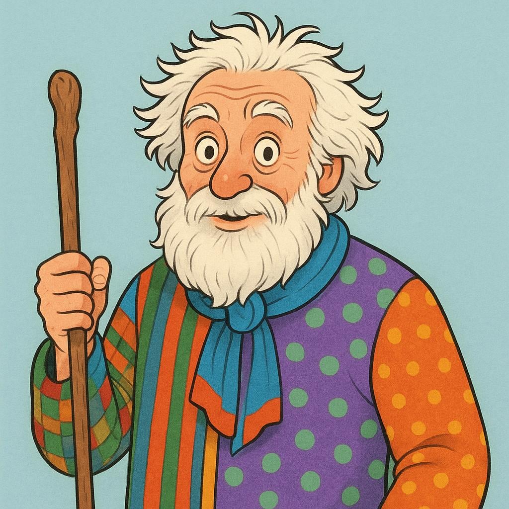 A storybook illustration portrait of an eccentric, wild-haired elderly man with a long, untrimmed white beard, wearing brightly colored, mismatched clothing, emphasizing the character of a 'madman.'