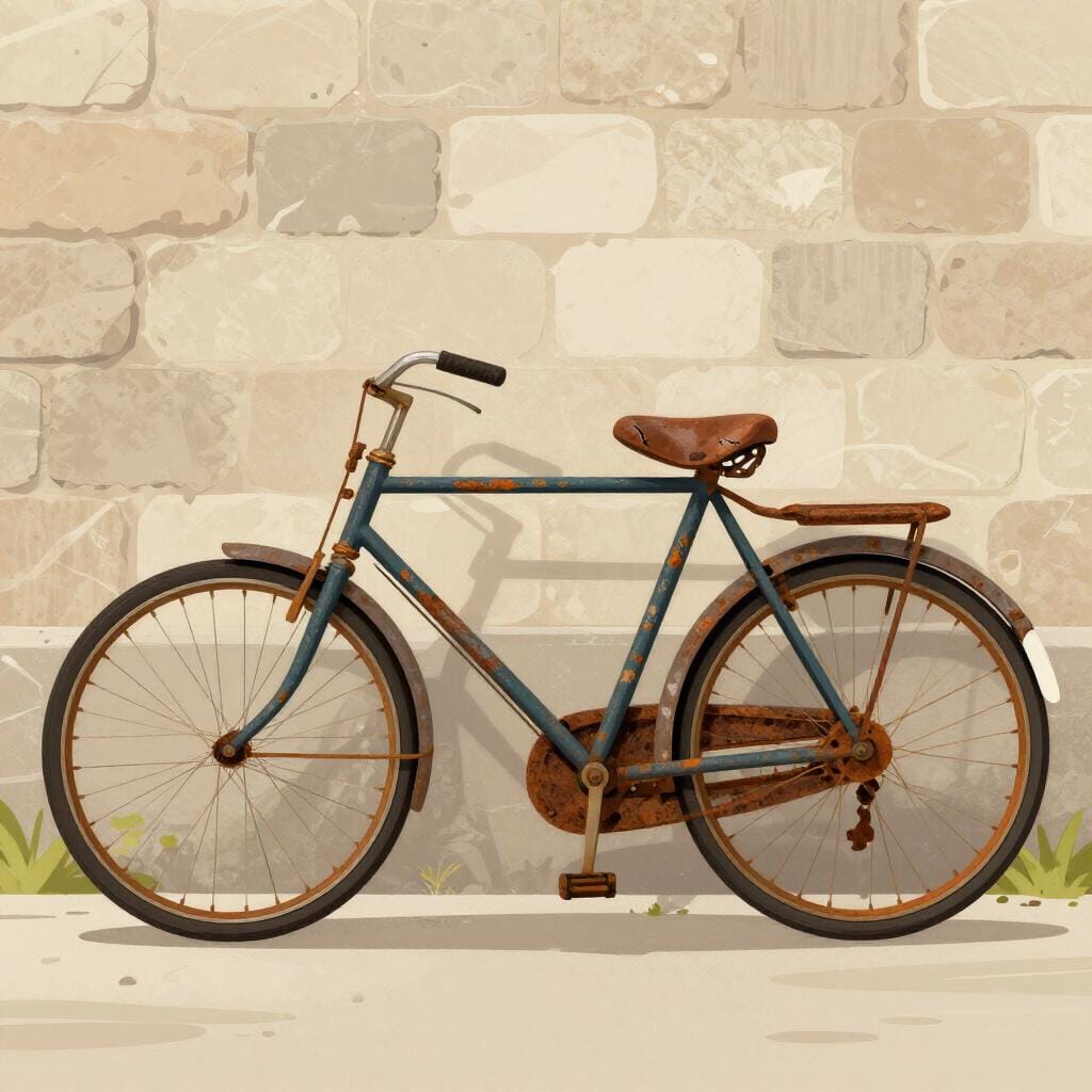 An old, rusted bicycle with peeling blue paint and a flat tire leaning against a weathered stone wall.