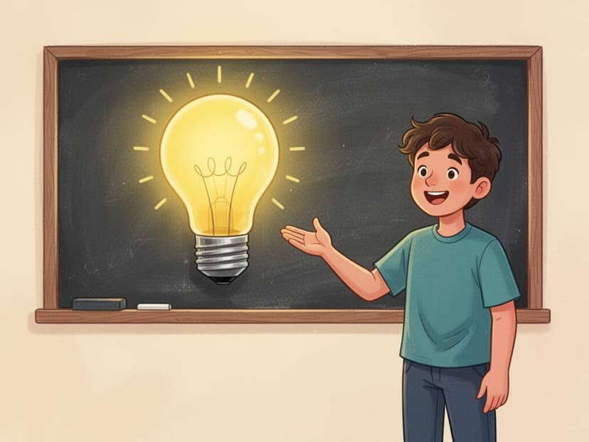 Uma pessoa amigável em frente a um quadro-negro, apontando para um desenho simples de uma lâmpada brilhante para esclarecer uma ideia.