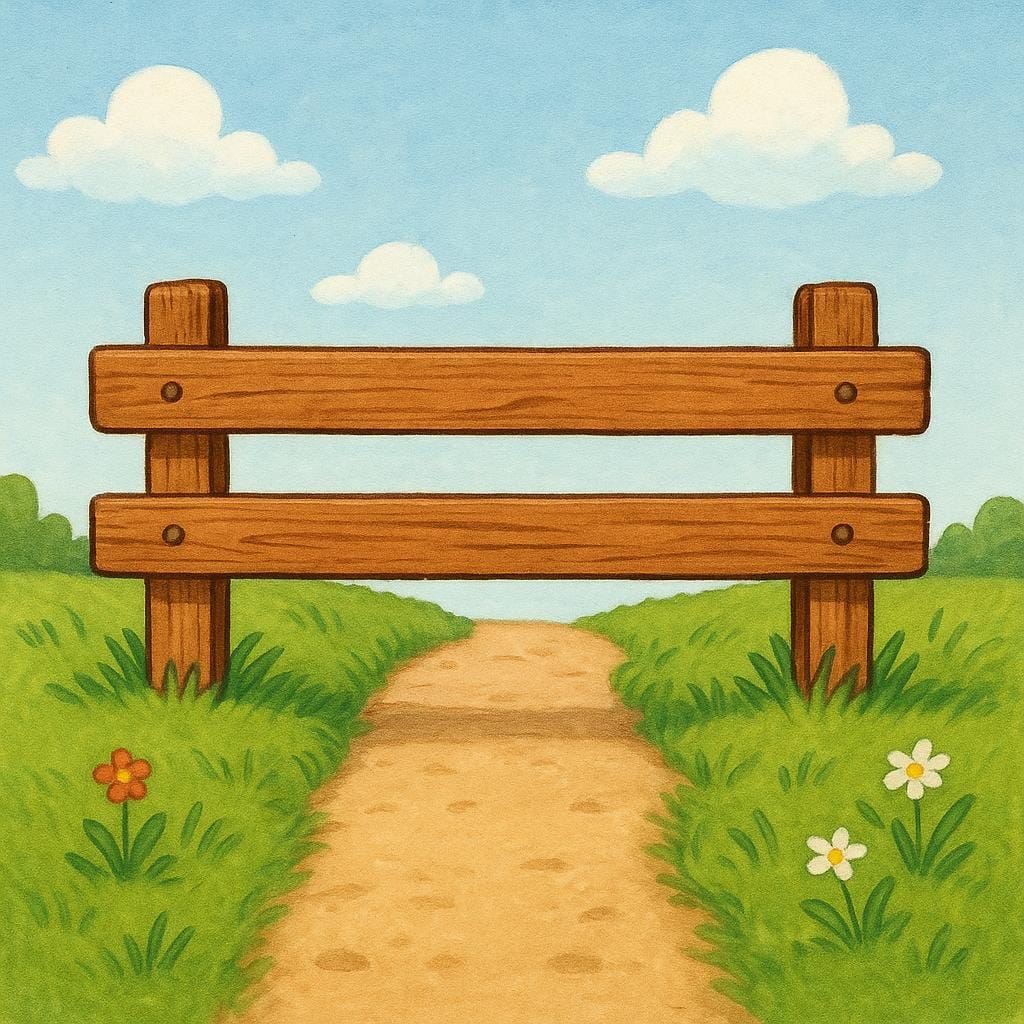 A high wooden fence completely blocking a clear dirt path in a bright, sunny field.