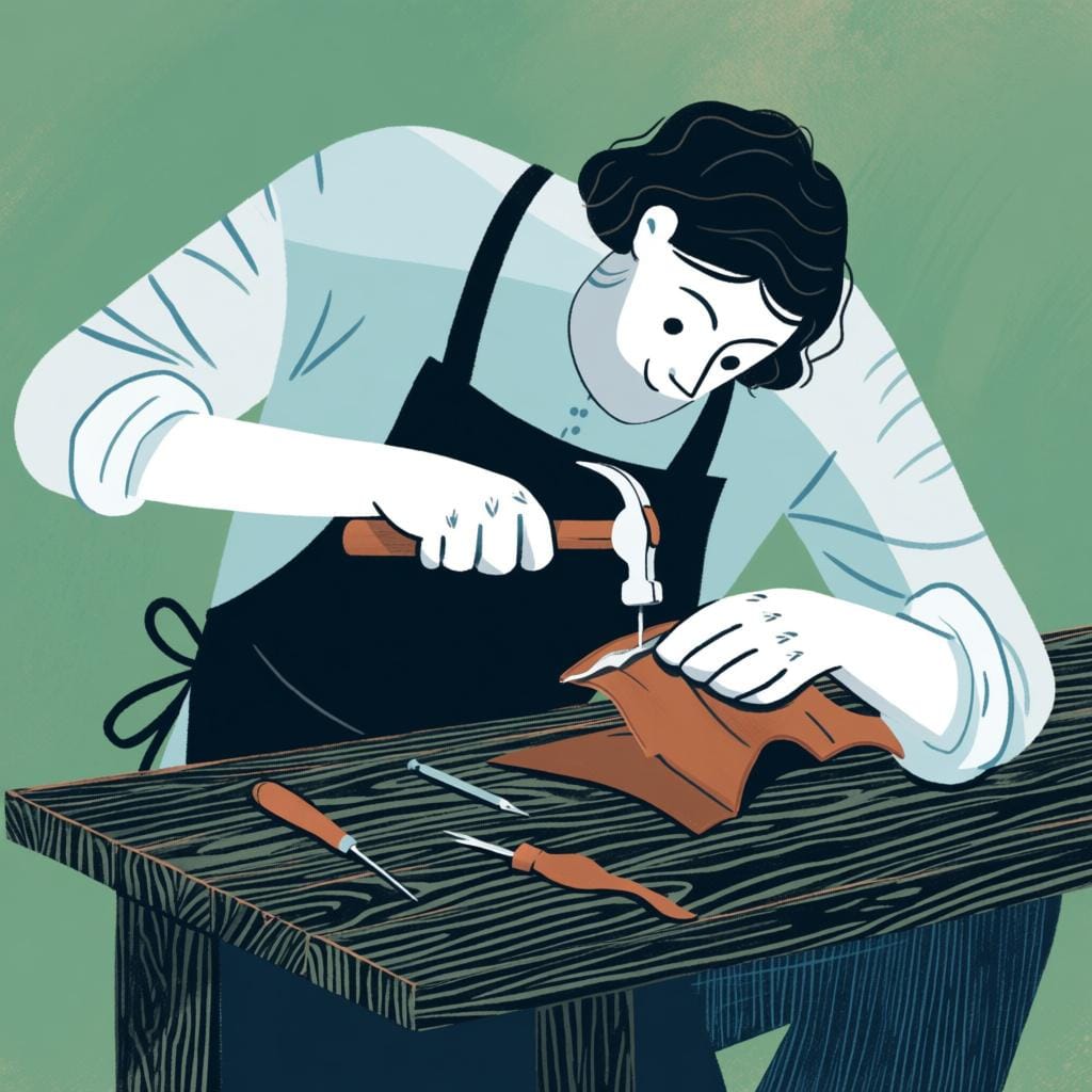 A focused artisan shaping a piece of brown leather with simple hand tools on a wooden workbench.