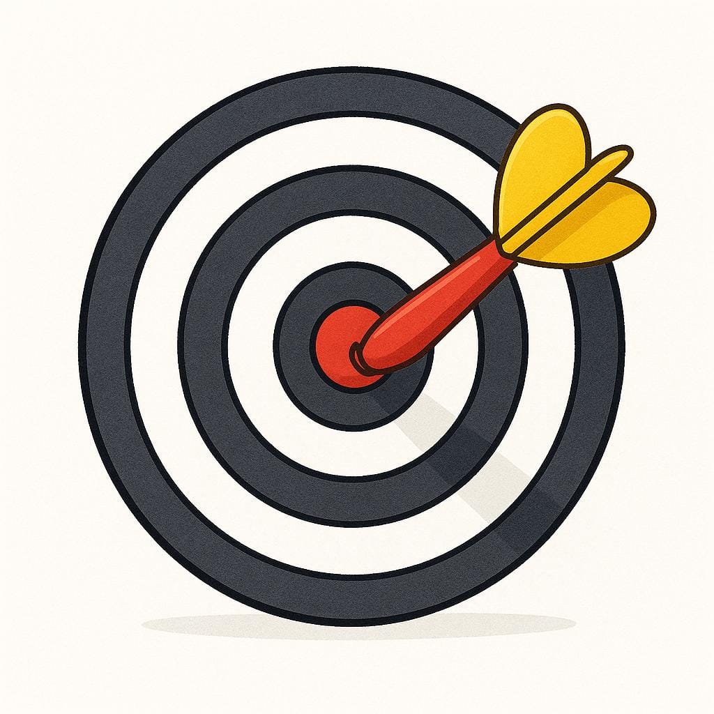 A single dart perfectly centered in the bullseye of a simple target board, illustrating precision.