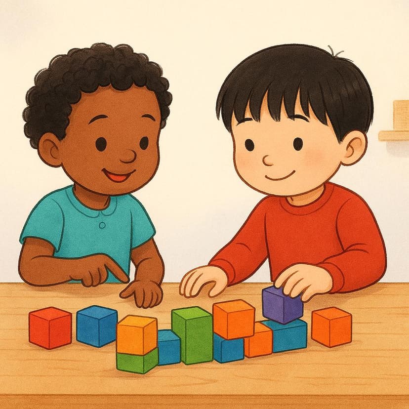 Two children sitting at a wooden table, carefully pointing at and touching a pile of colorful wooden blocks to count them.