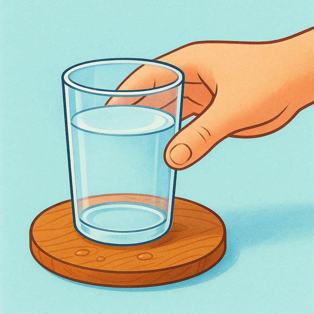 シンプルな木製コースターの上に置かれた透明なグラスの水を置く人の手。完了した動作を象徴している。