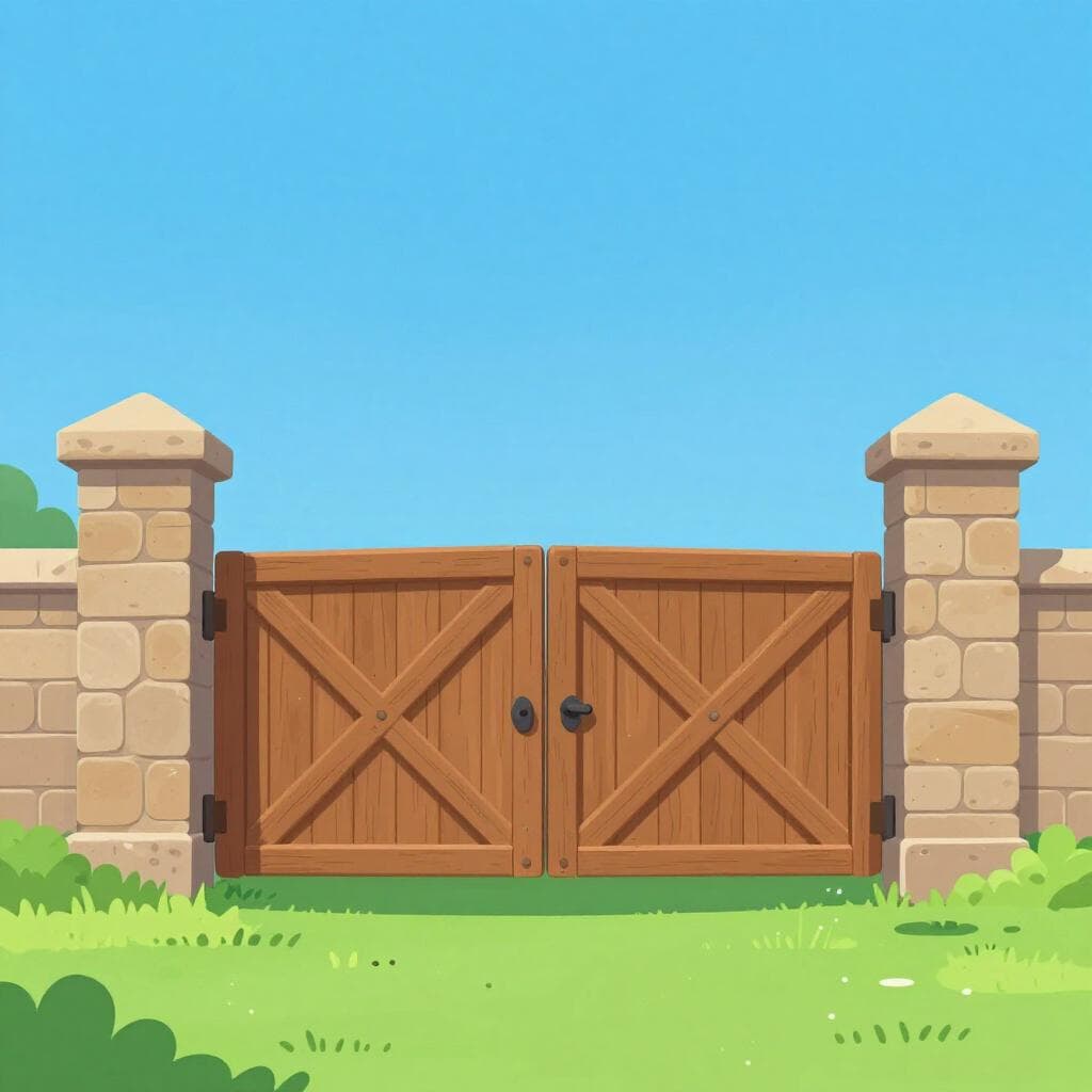 A large, rustic wooden gate set into a stone wall, leading to a country estate.