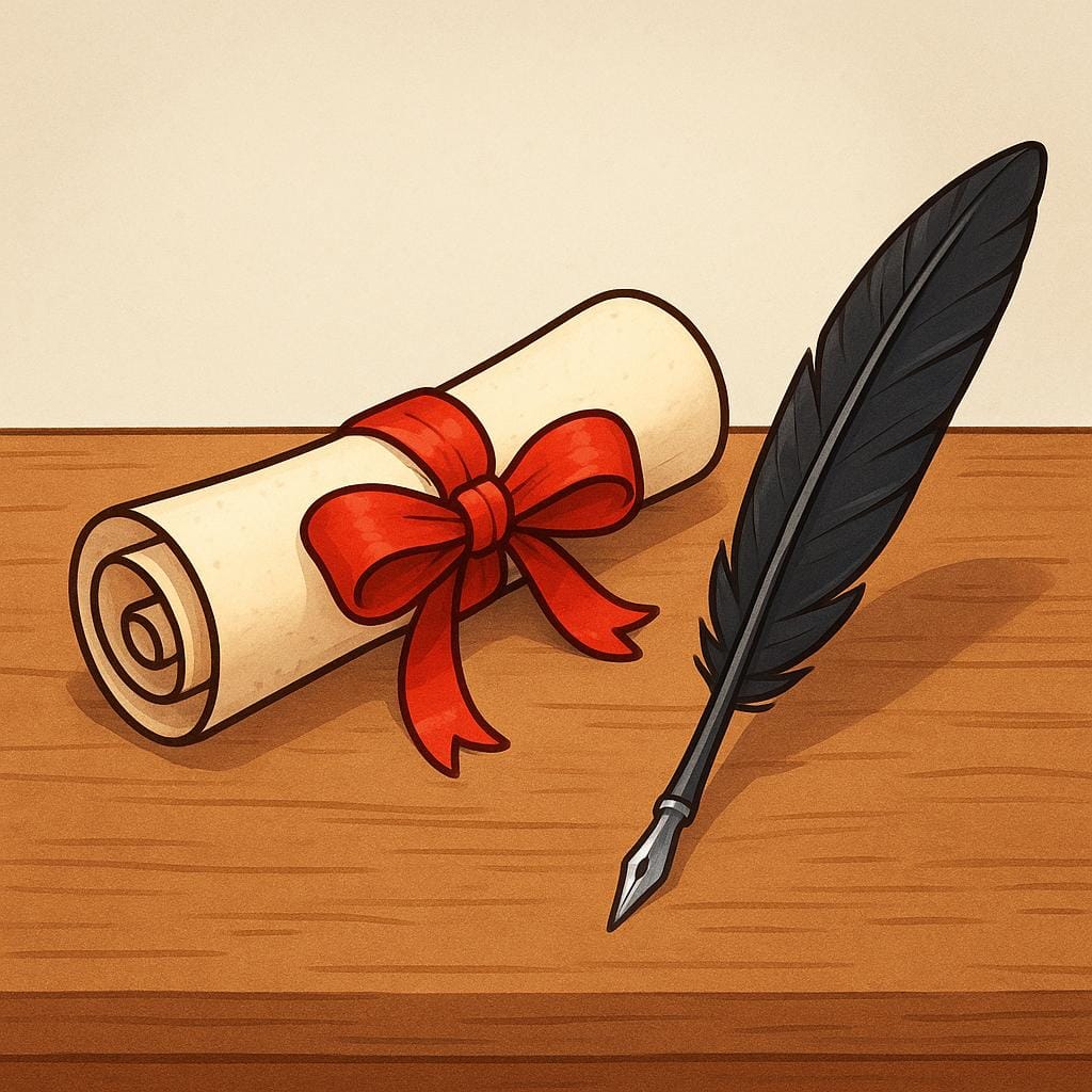 A rolled scroll of parchment, representing a legal will, tied securely with a red ribbon and resting on a simple wooden desk next to a black quill pen.