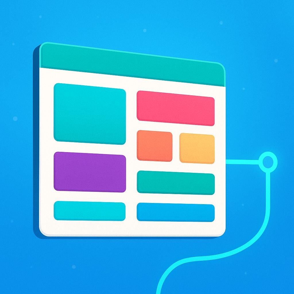 A simple, colorful storybook illustration showing a floating rectangular panel divided into abstract geometric sections, symbolizing a website or digital destination.