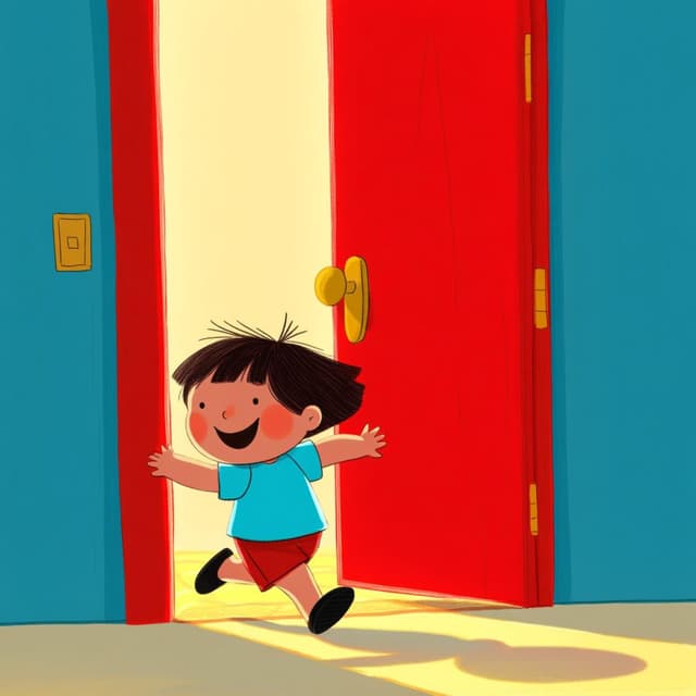 Uma criança entrando em uma casa por uma porta vermelha aberta.