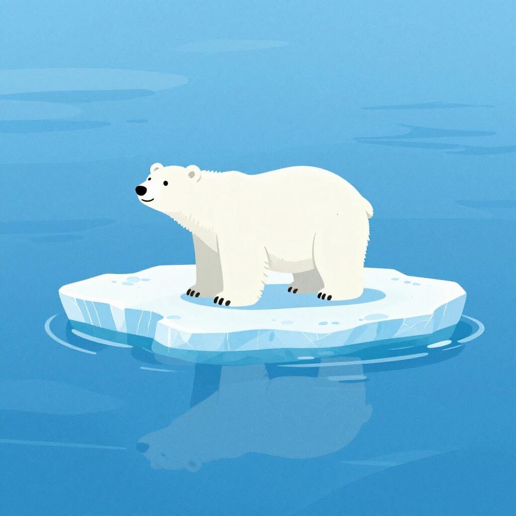 Ein einsamer Eisbär steht auf einem winzigen Stück schmelzenden Eises in einem weiten blauen Ozean.