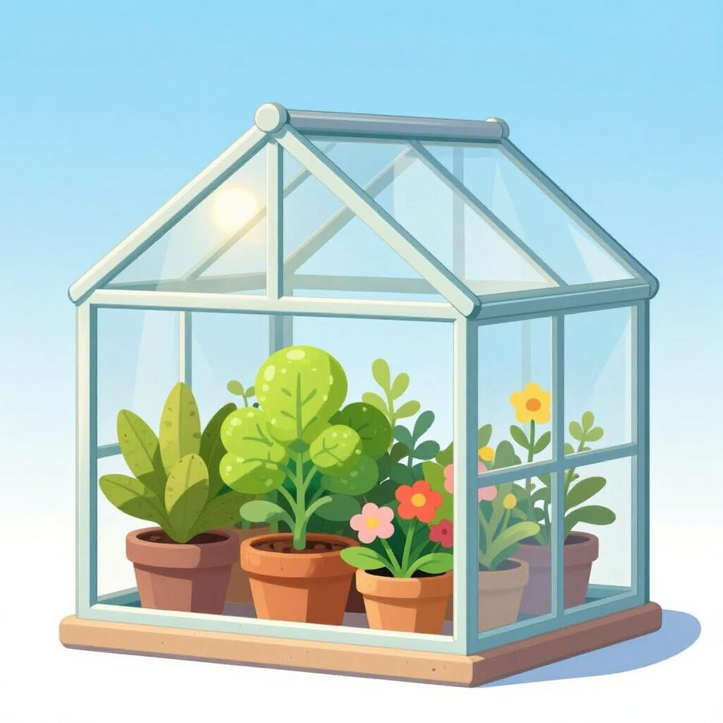 Ein kleines Glasgebäude voller verschiedener grüner Blattpflanzen und Blumen.