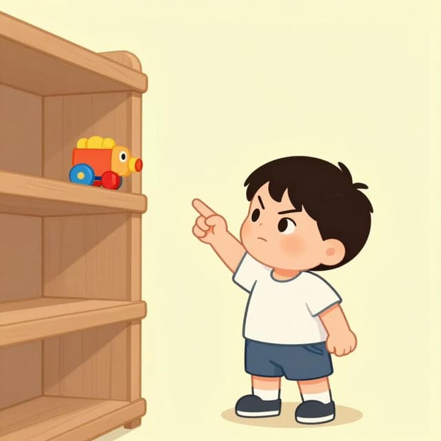 おもちゃを欲しがって、棚の上のおもちゃを指差して強く主張する子供の絵。
