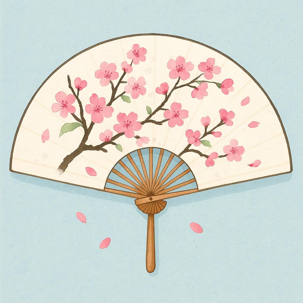 A detailed illustration of an open folding fan painted with delicate cherry blossom designs.