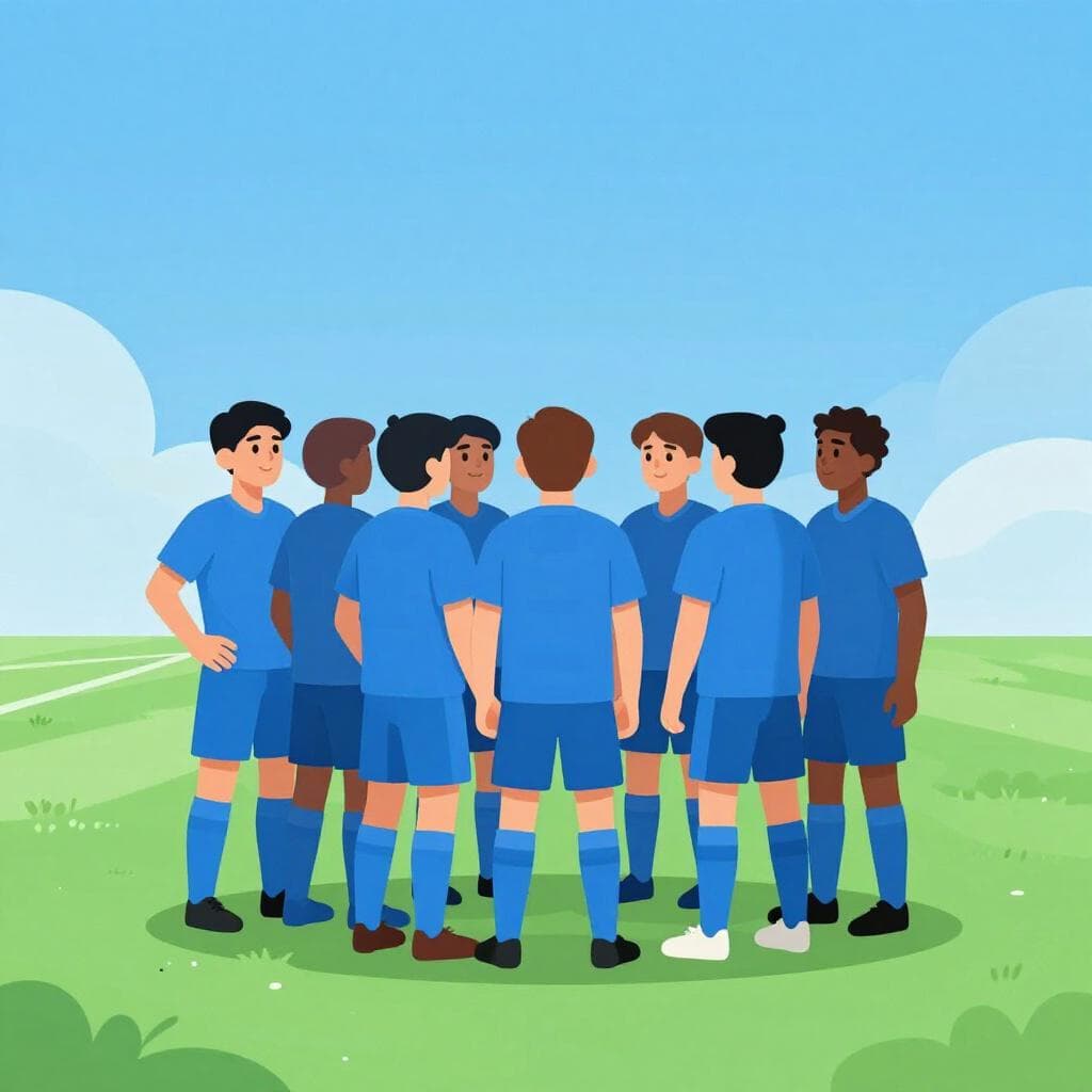 Um grupo de jogadores de futebol em uniformes azuis combinando, alinhados em um campo verde.