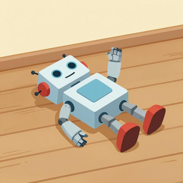 Ein bunter Spielzeugroboter liegt auf dem Boden, ein Arm ist abgebrochen.