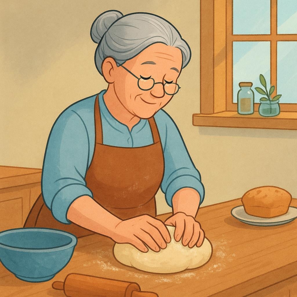 A colorful illustration of an elderly, wise baker confidently kneading dough with perfectly skilled hands in a simple, rustic kitchen, symbolizing accumulated knowledge.