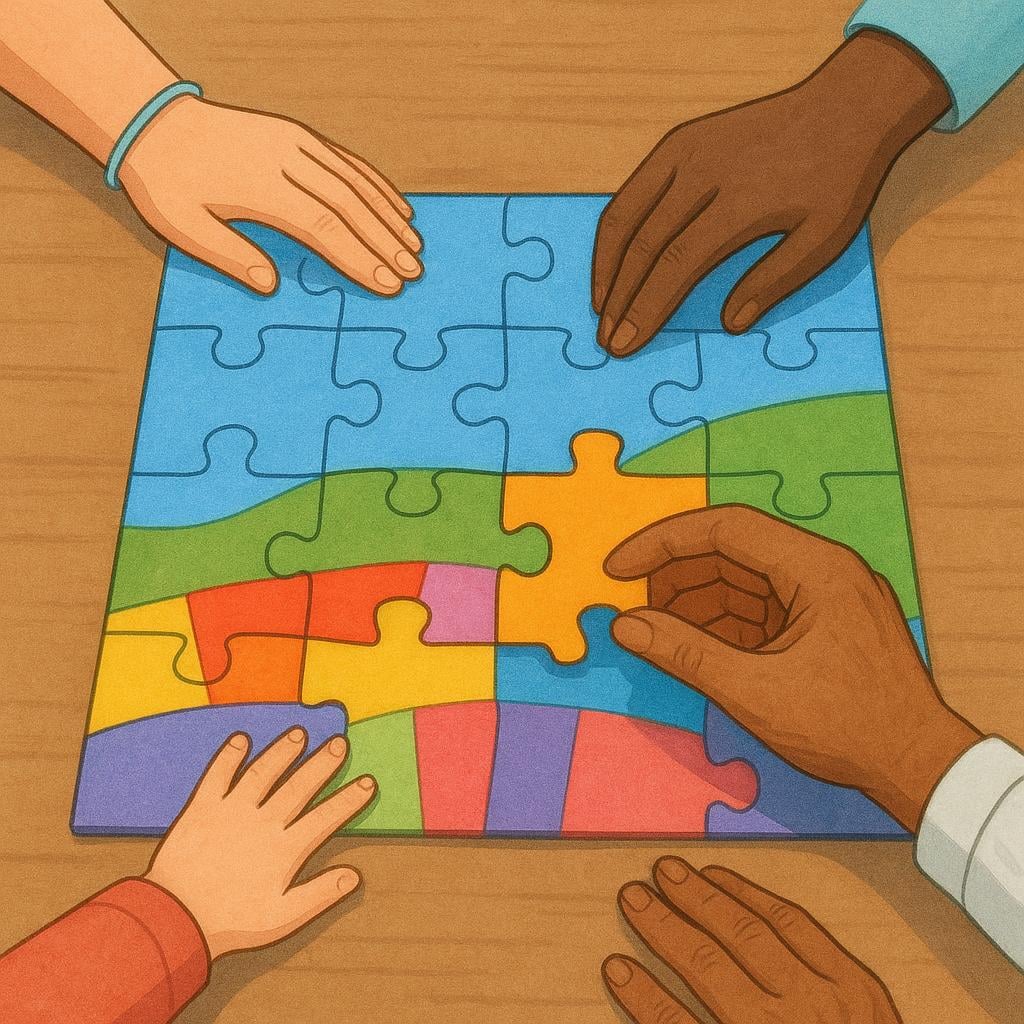 A group of happy people working together to place the final puzzle piece into a large, colorful jigsaw puzzle.