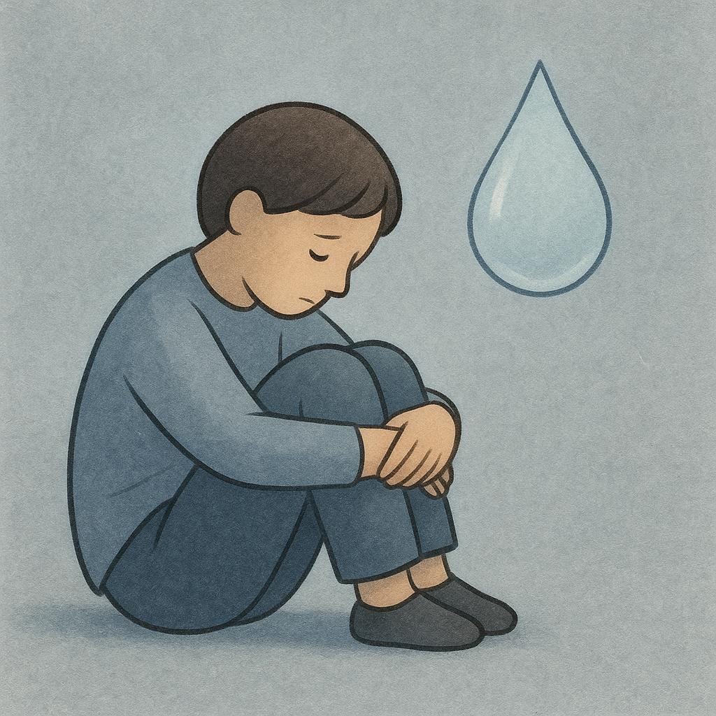 A solitary figure wearing simple clothes sitting on the ground, hugging their knees, symbolizing profound sadness and grief. A large stylized teardrop is floating nearby.