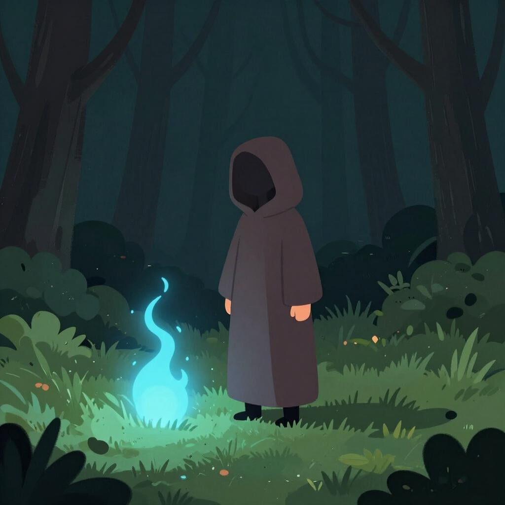 A person in a dark robe standing in a forest, with a friendly, glowing wisp of light rising from the ground.
