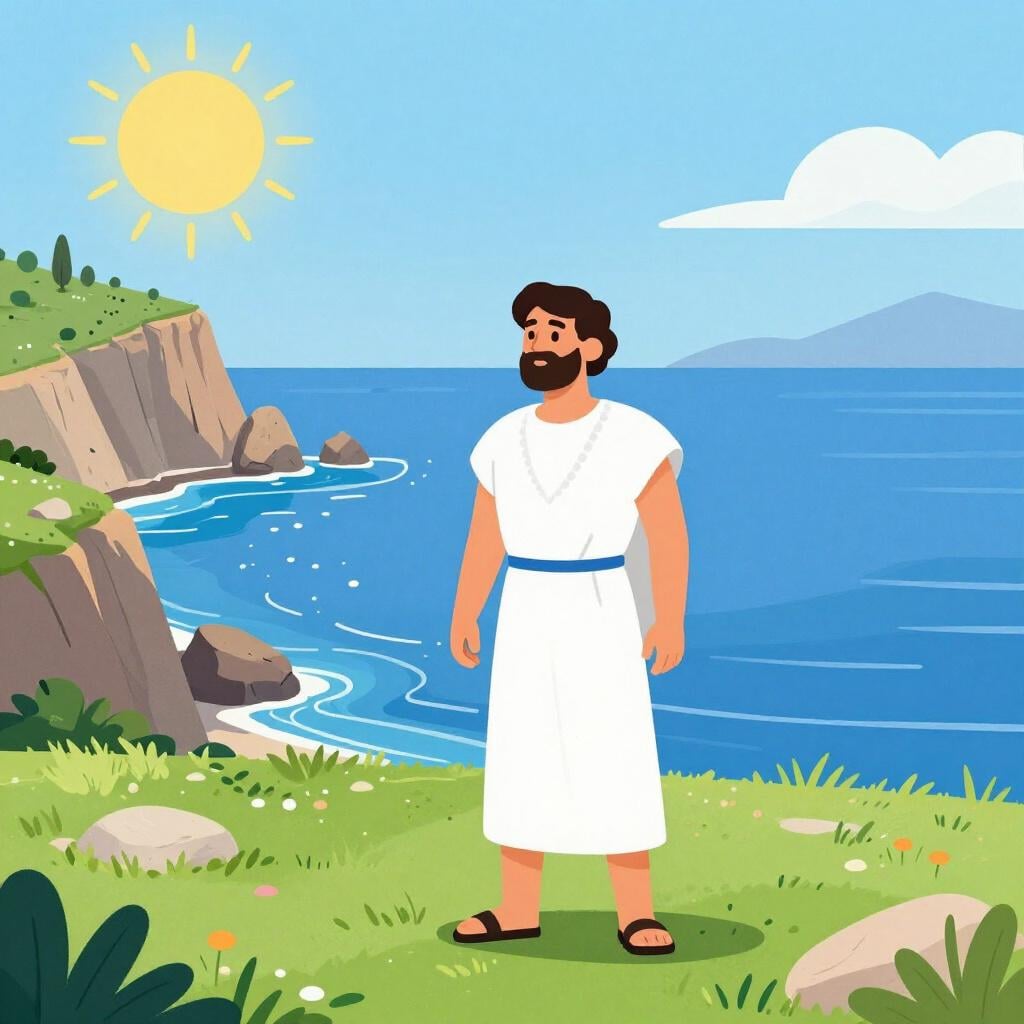 A man in traditional ancient Greek clothing standing on the sun-drenched coast of the island of Lesbos.