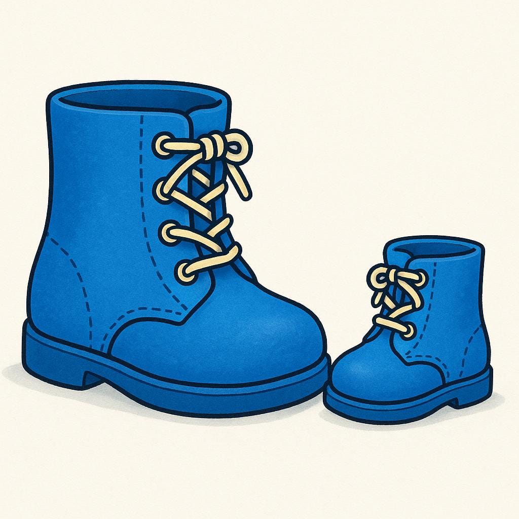 A large, oversized blue boot placed right next to a tiny, miniature matching blue boot, illustrating size difference.