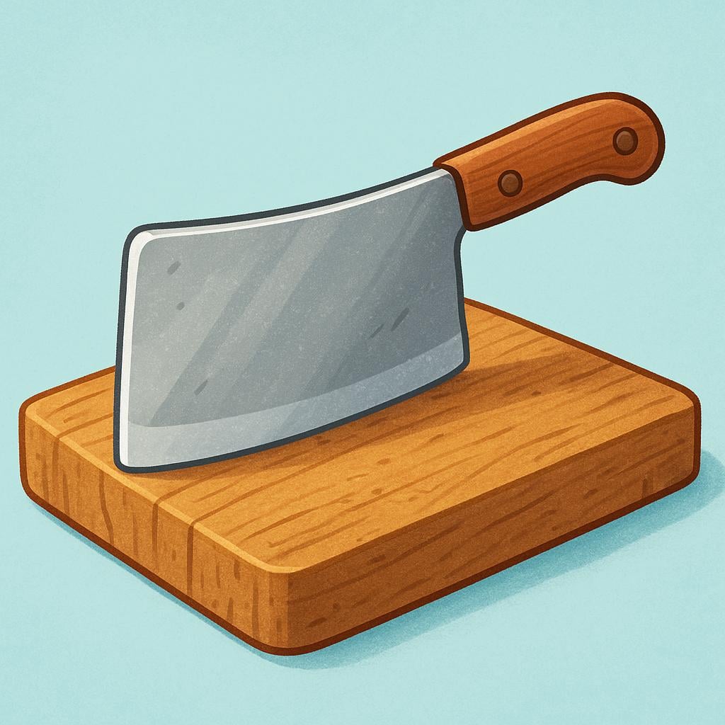 A large, rectangular silver butcher's cleaver resting on a worn wooden cutting block.
