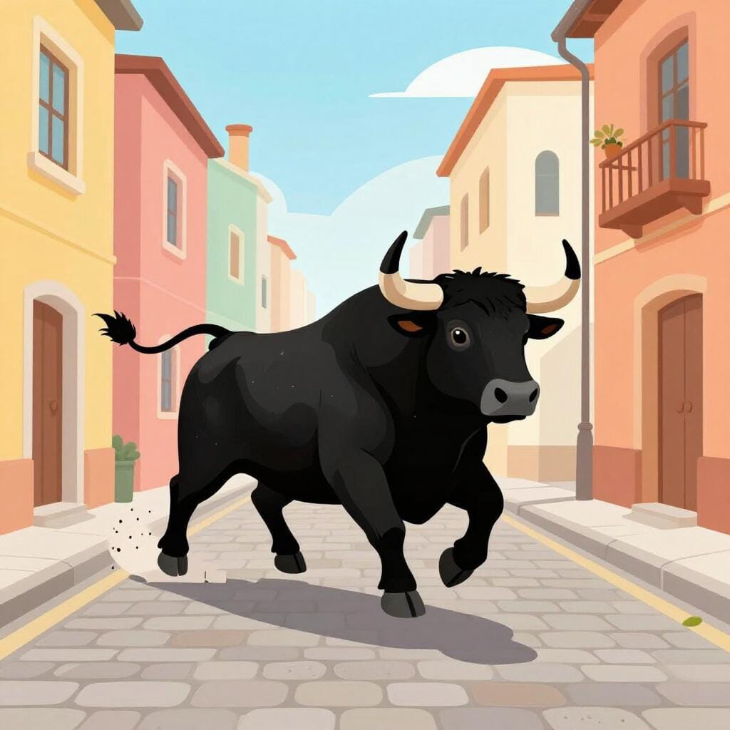 A powerful black bull running down a narrow cobblestone street.