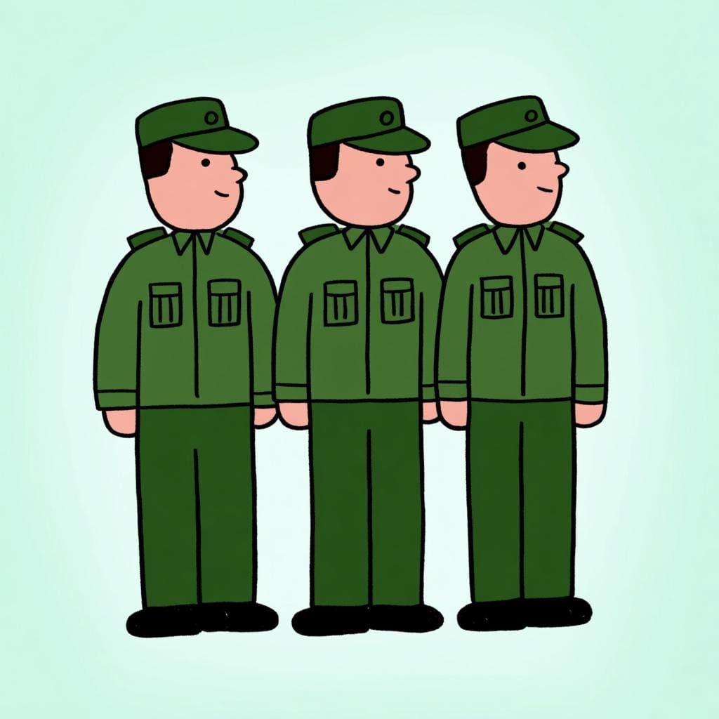 A small, disciplined line of three figures standing shoulder-to-shoulder in identical, simple green uniforms, representing organized security forces.