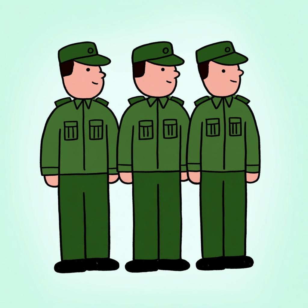 A small, disciplined line of three figures standing shoulder-to-shoulder in identical, simple green uniforms, representing organized security forces.