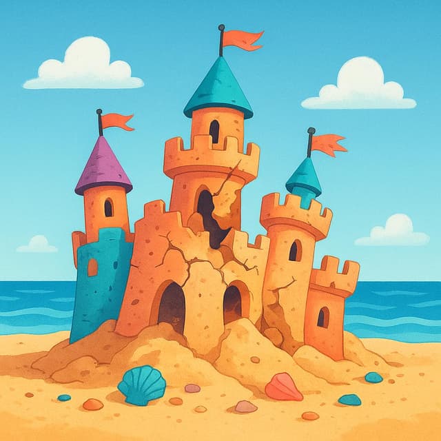 Eine bunte Sandburg am Strand, teilweise eingestürzt und vom Wasser zerstört, die Ruin darstellt.