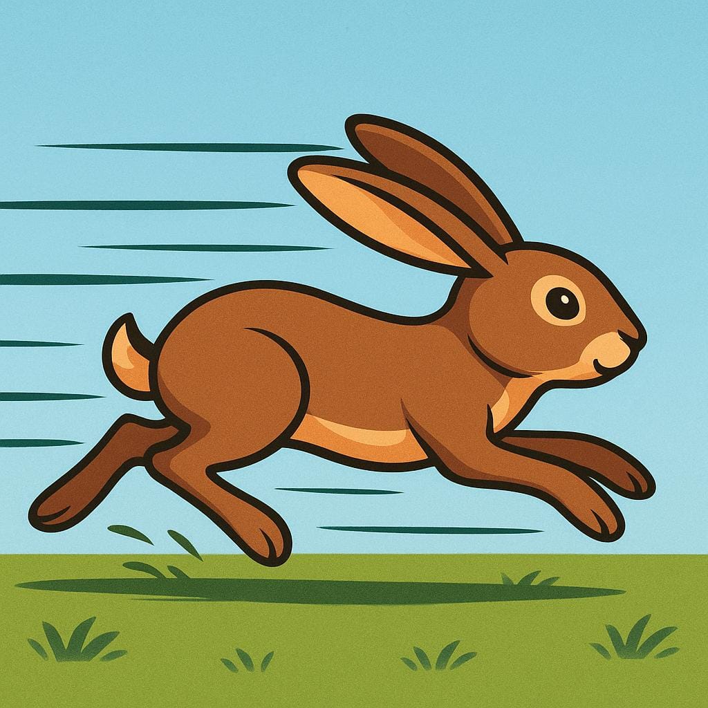 A stylized brown rabbit running extremely fast across a bright green field, leaving distinct speed lines trailing behind it.