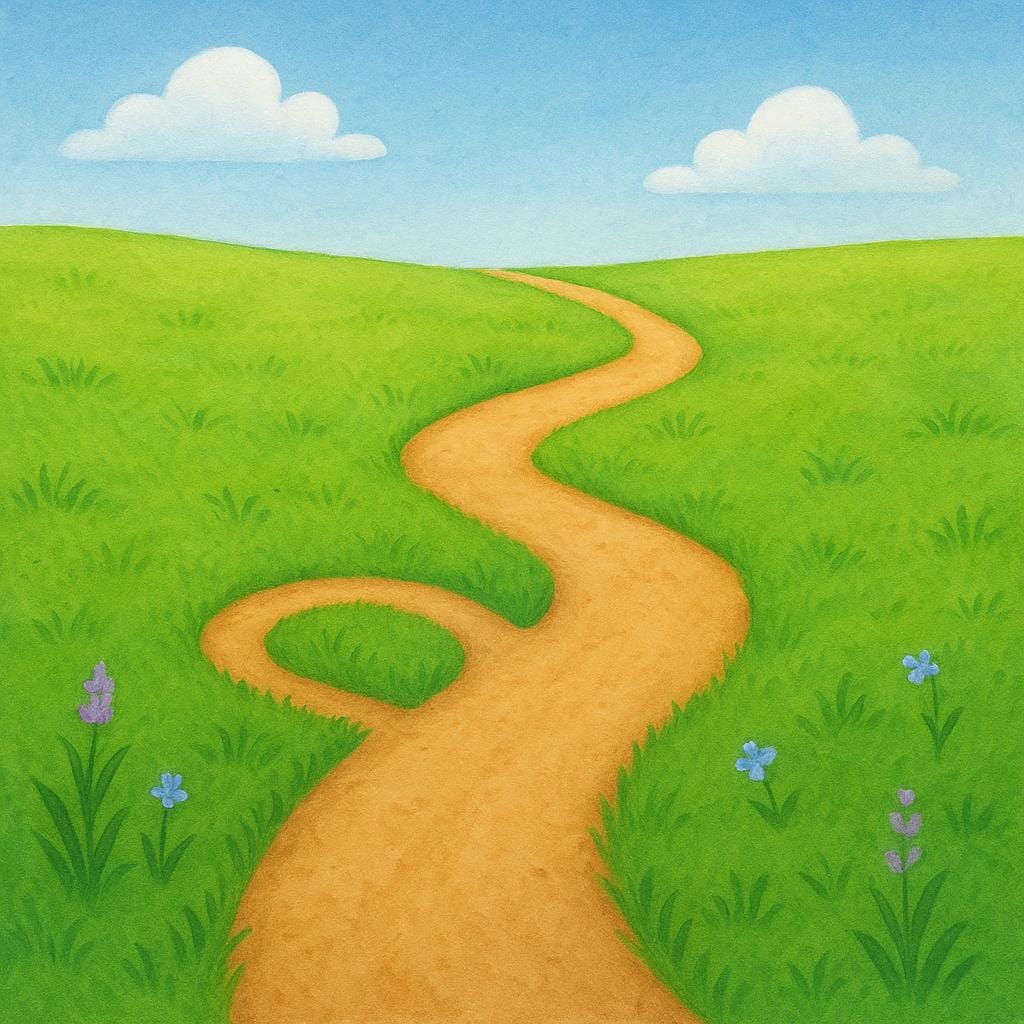 A simple dirt path on a green hill that takes a short detour loop before immediately rejoining the main, straight path leading forward, symbolizing continuing 'anyway'.
