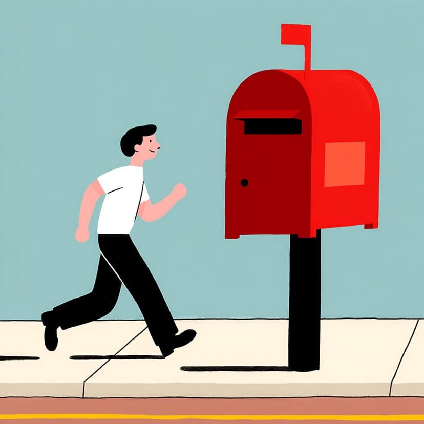 A cartoon character walking quickly past a large, stationary object like a red mailbox, illustrating the action of passing by.
