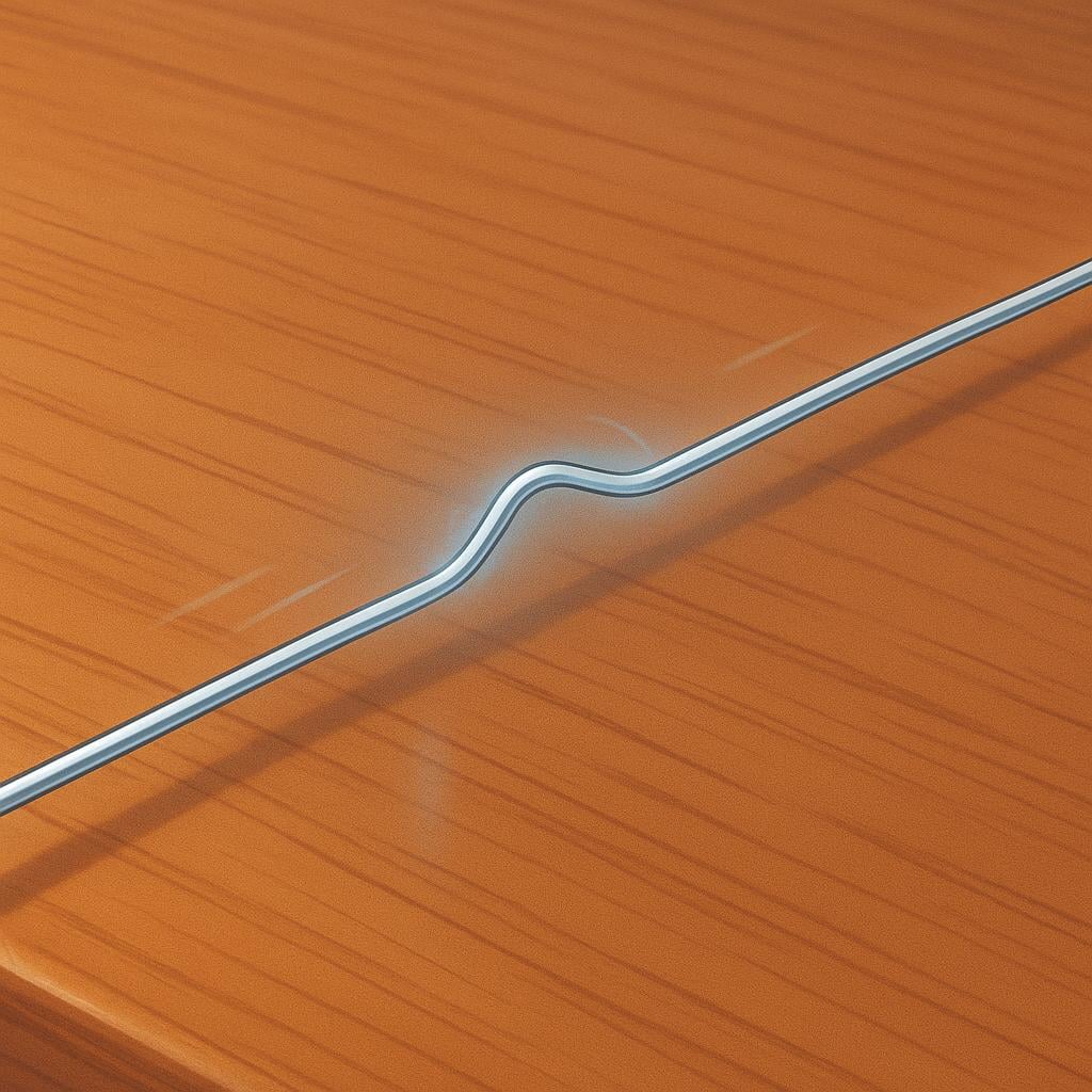 A single, thin, taut metal string stretched across the dark wooden surface of a musical instrument.