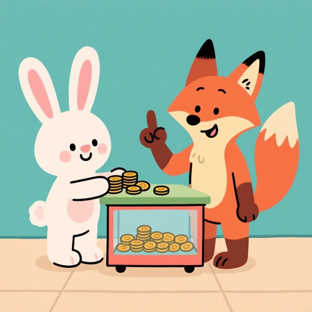 Two friendly cartoon animals, a rabbit and a fox, standing at a small counter. The rabbit has paid some coins, but the fox holds up one finger, indicating a missing amount still owed.