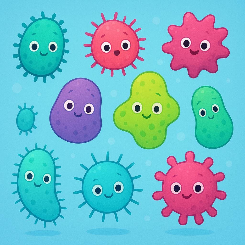 Several stylized, brightly colored, simple, blob-like germs floating together.
