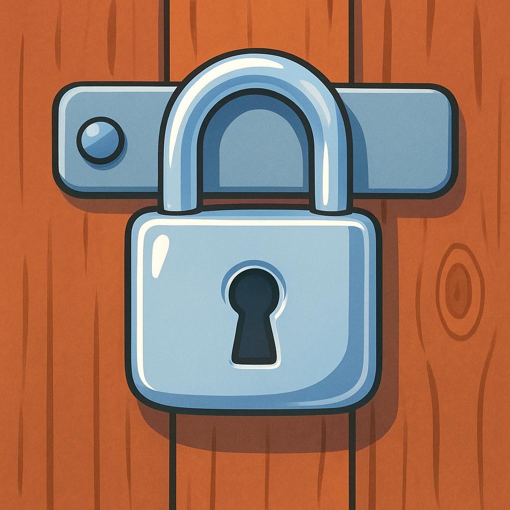 A shiny silver padlock fastened securely onto a heavy wooden gate, illustrating the act of fastening or making safe.