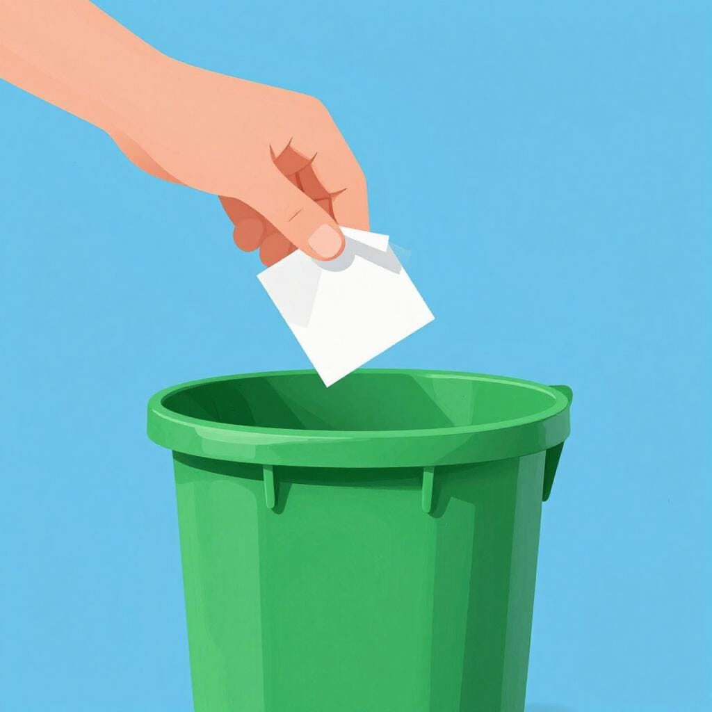 A person dropping a piece of trash into a bin.