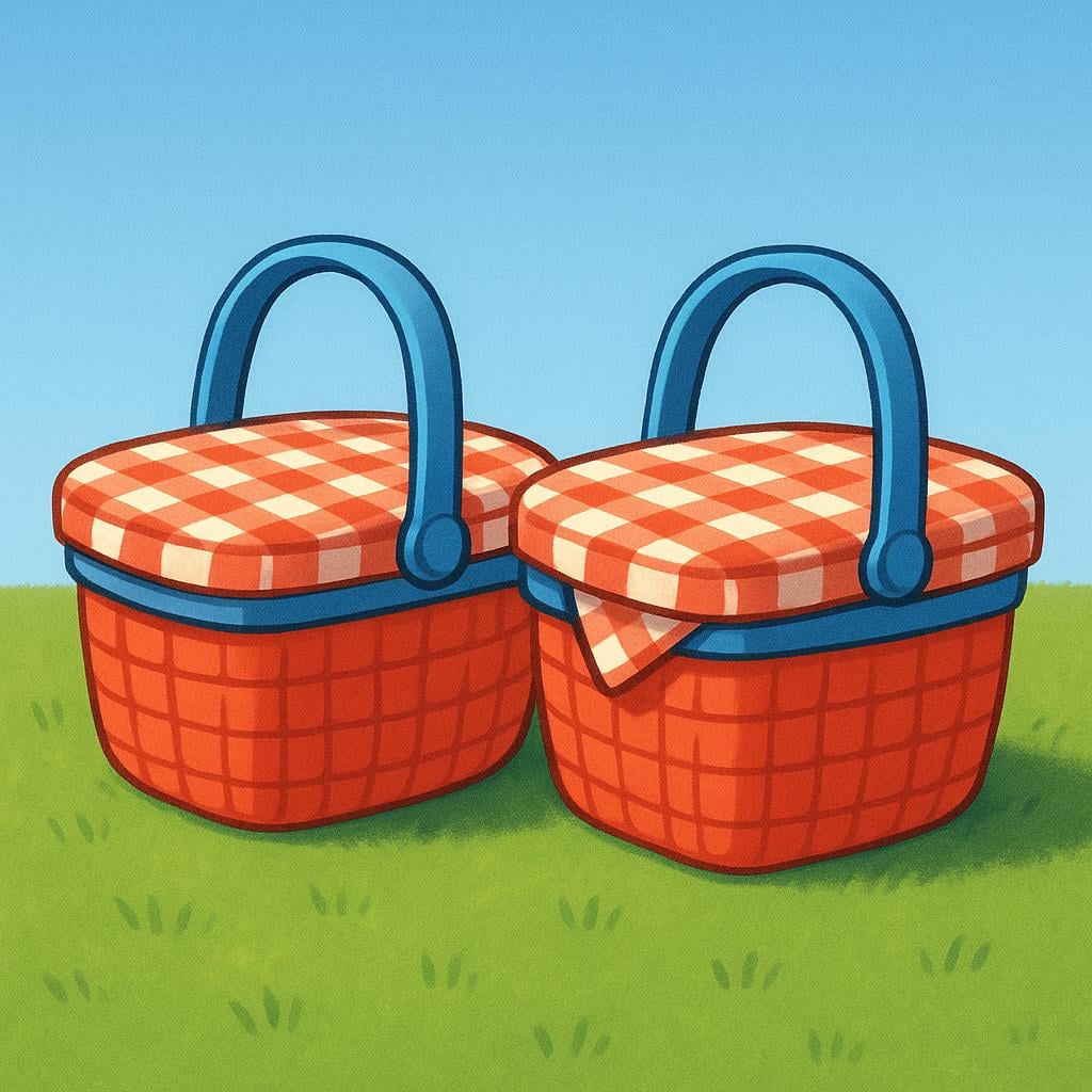 Two identical, colorful wicker picnic baskets sitting side-by-side on a lush green lawn under a bright sun, symbolizing multiple Sundays.
