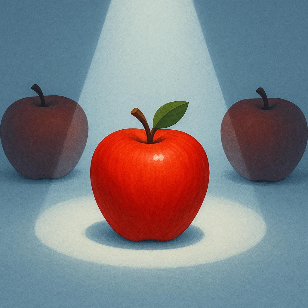 A high-quality storybook illustration showing a group of three identical red apples, where a bright, focused spotlight shines intensely on only one of the apples, highlighting it against a simple background.