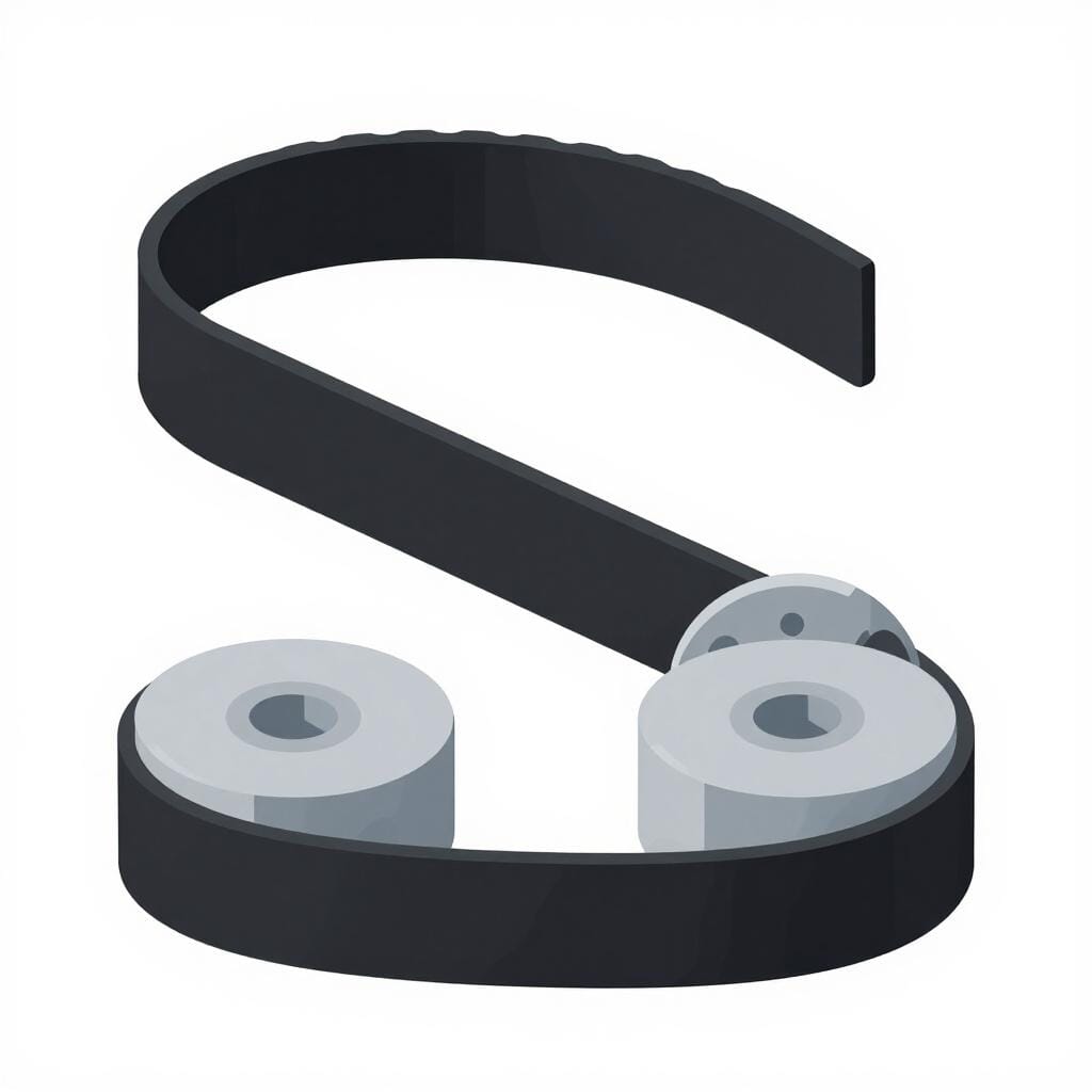 A black rubber mechanical belt looped around two metal gears.