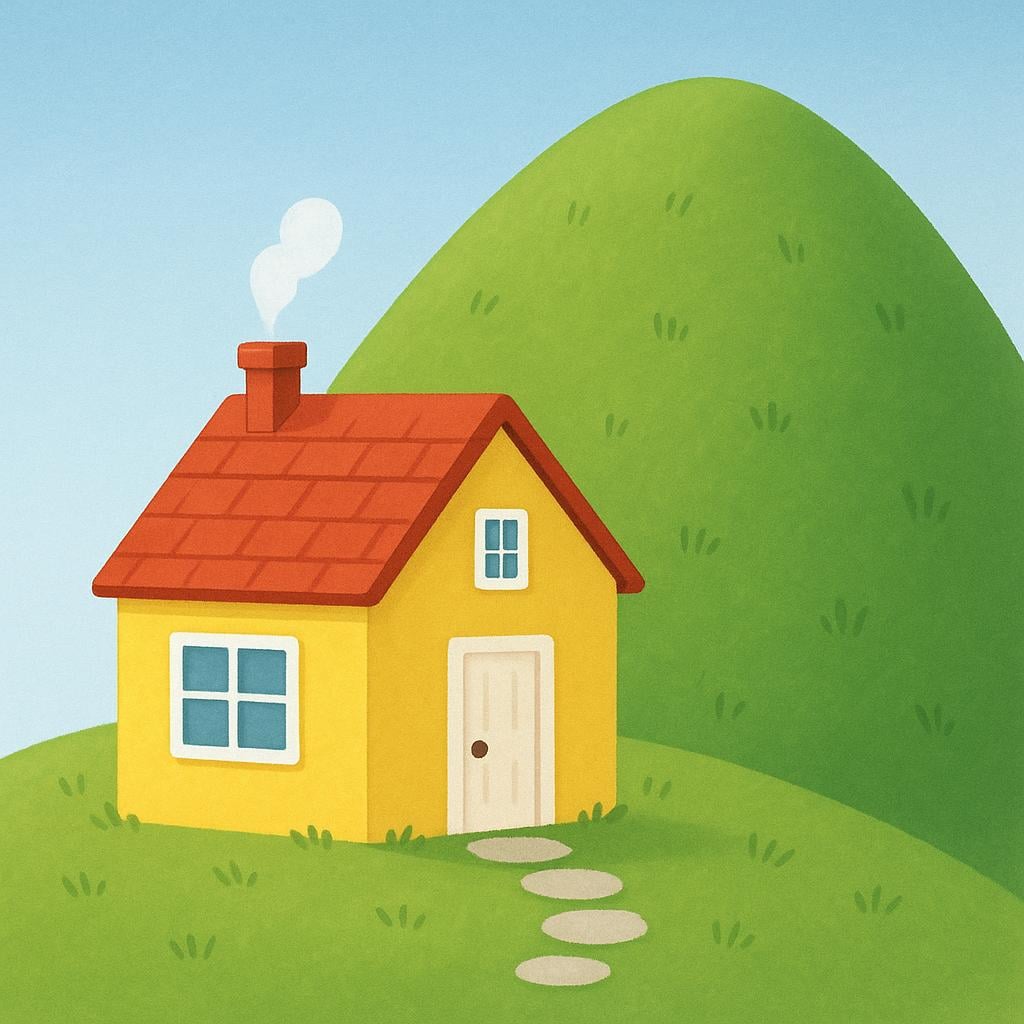 A small, cheerful yellow house sits immediately adjacent to the base of a tall, grassy green hill, depicting its location.