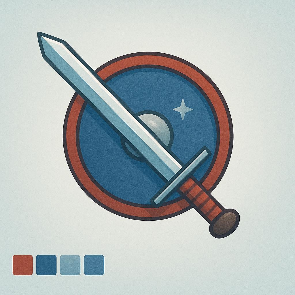 A collection of simple, stylized weapons, including a crossed sword and shield, symbolizing a warlike nature.