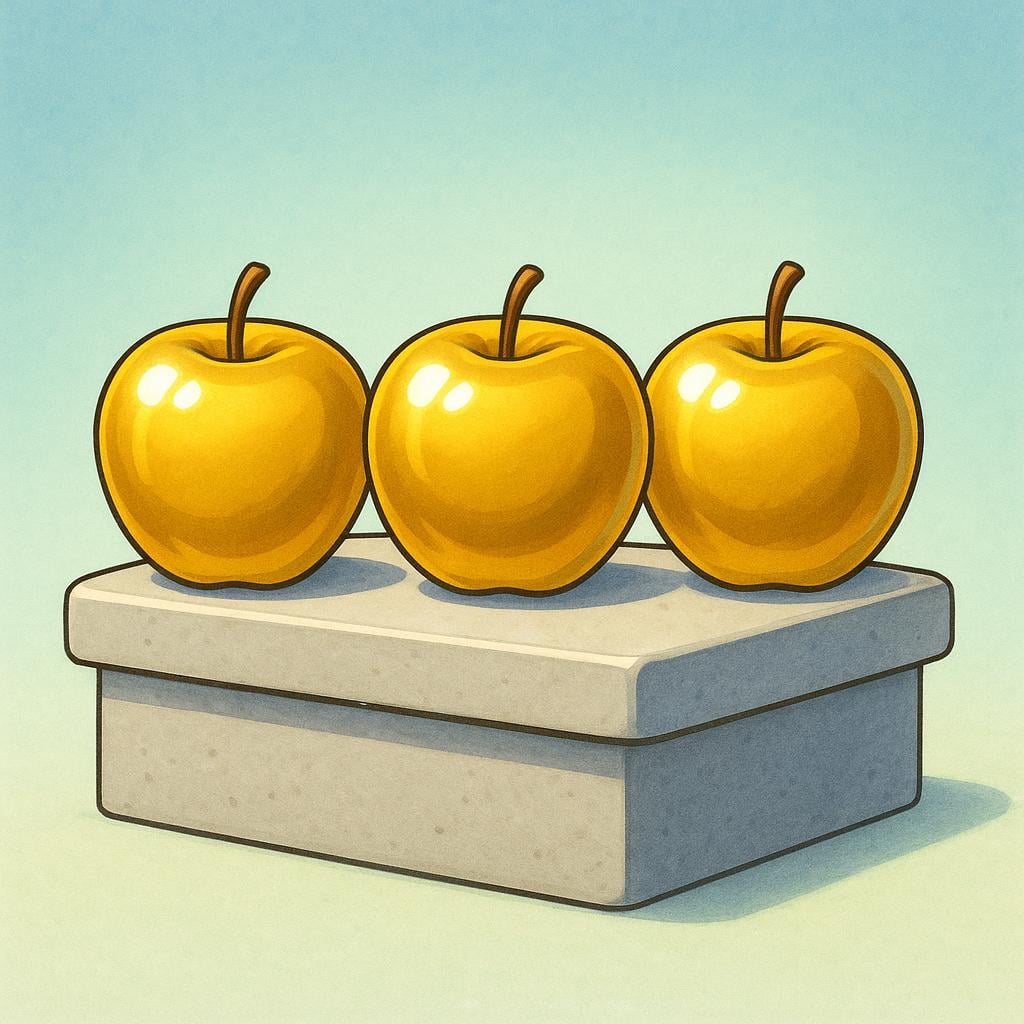 A pedestal holding three perfectly identical, shiny golden apples, representing a high level of quality or achievement.