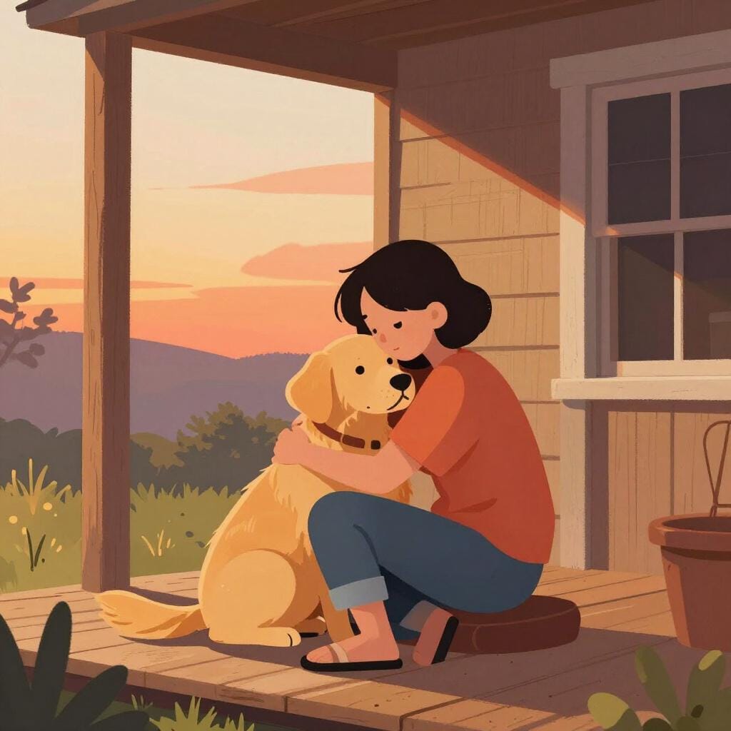 A nostalgic illustration of a person tenderly caring for a small puppy over many years.