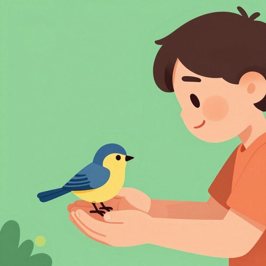 A person gently helping a small injured bird by offering it water and shelter.