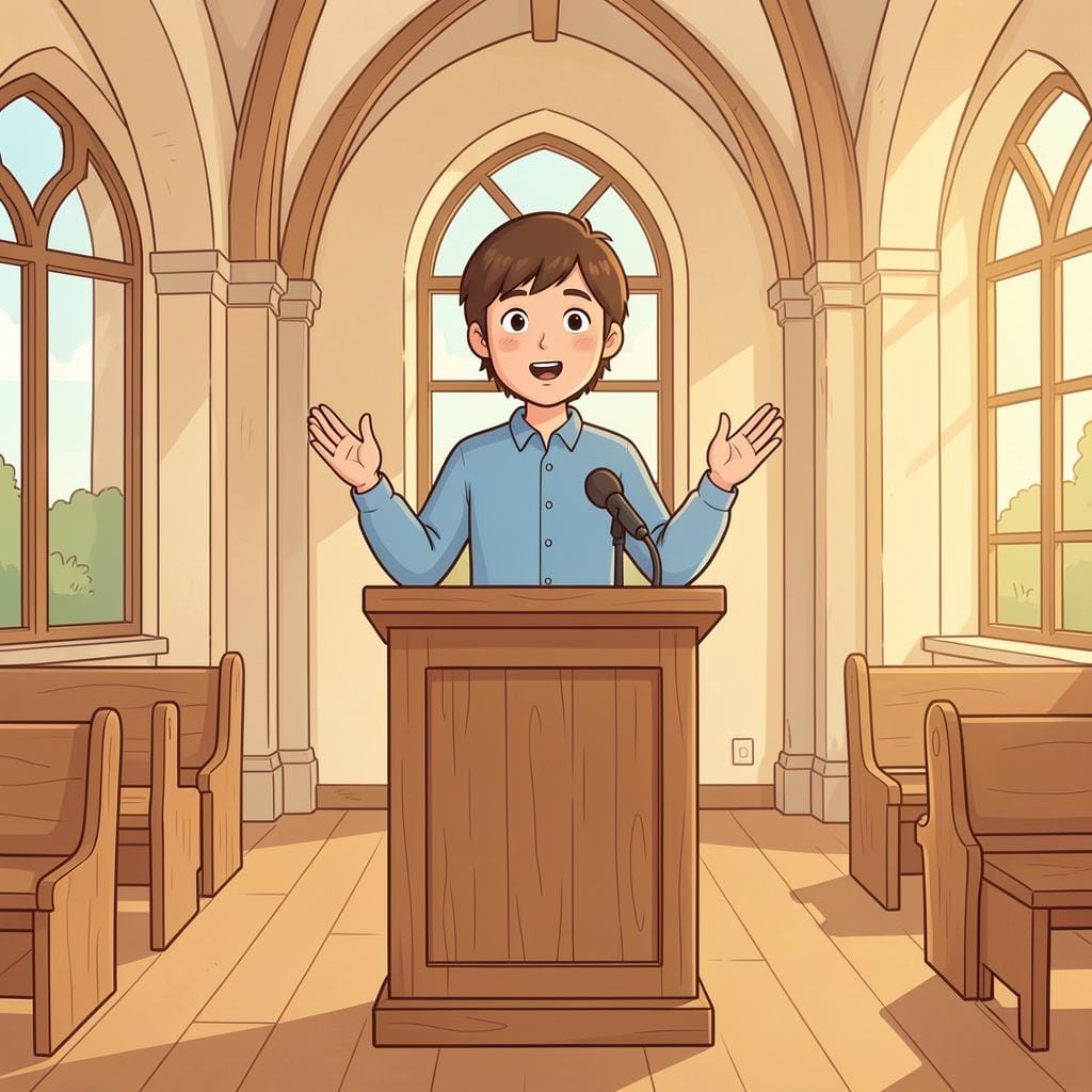 A person standing behind a wooden podium in a peaceful hall, speaking to a group of people.