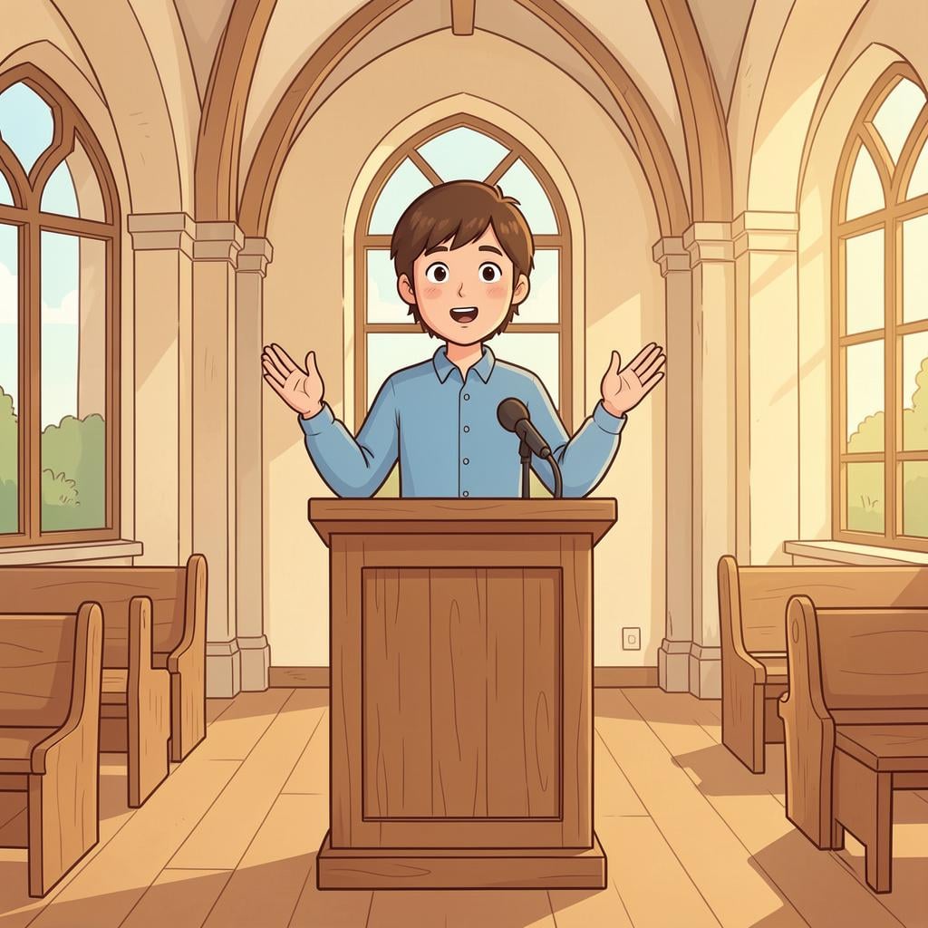 A person standing behind a wooden podium in a peaceful hall, speaking to a group of people.