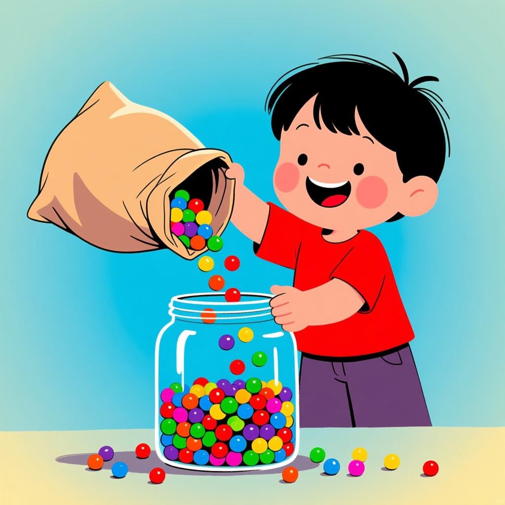 A clear glass jar overflowing with colorful marbles being poured from a large bag by a child.